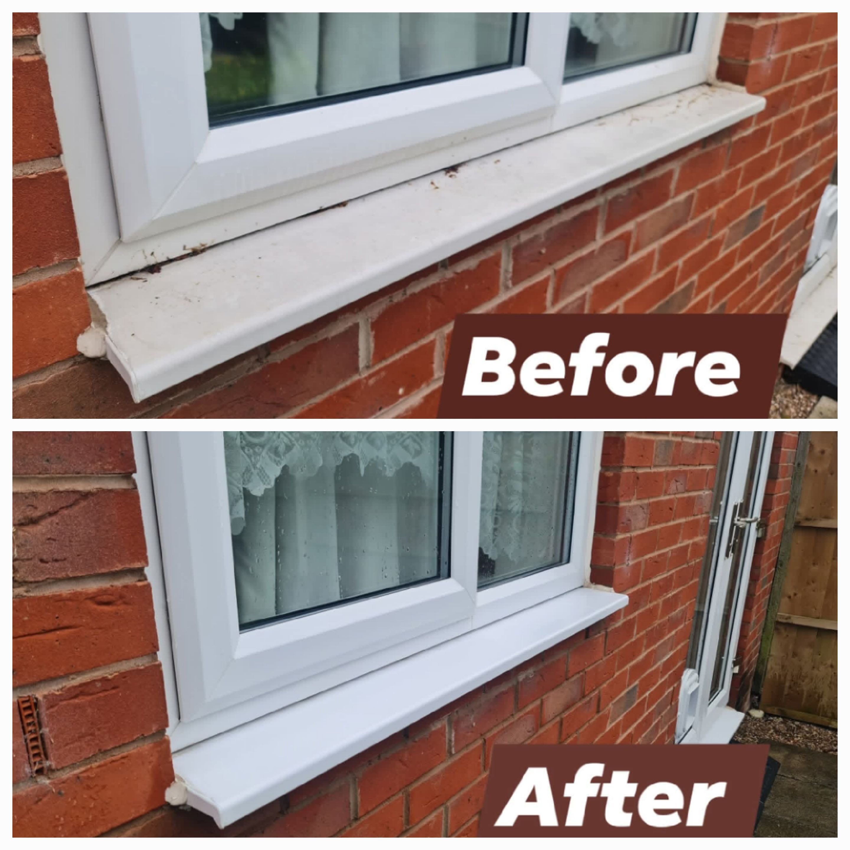 Before and after window sill cleaning by Ey Up Window Cleaning